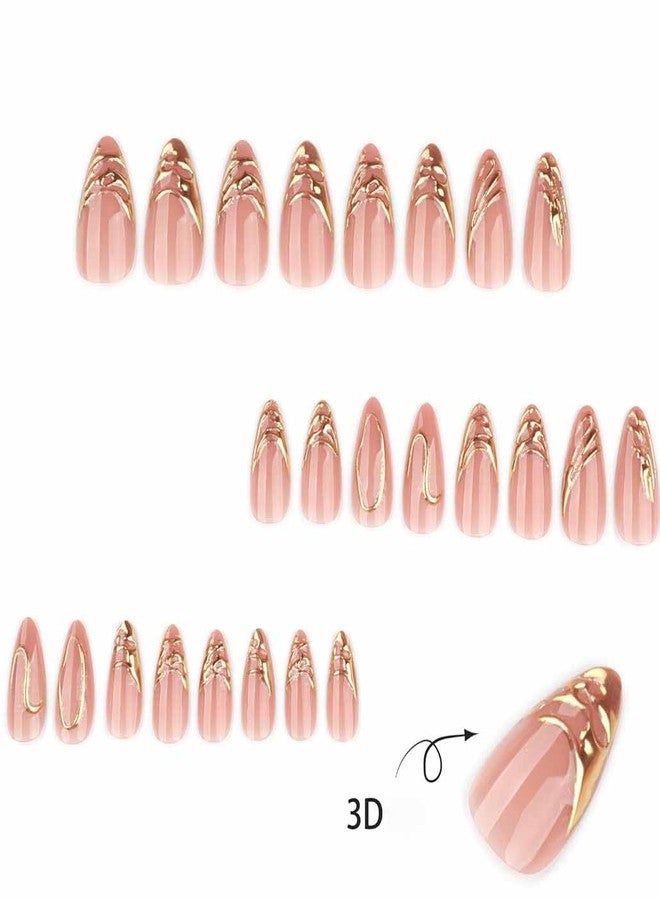 Foccna Gold Press on Nails Short Almond Fake Nails with Acrylic Nails Glossy Full Cover Stick on Nails for Women 24Pcs - Image 2